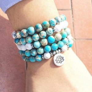 Bracelet Mala Lotus Howlite et Jaspe Océan - Mala Tibétain - Yogazen