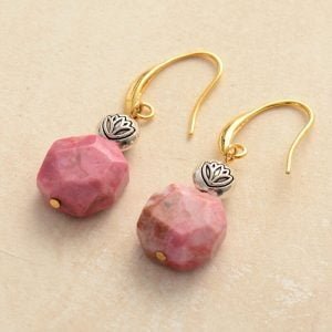 Boucles d'Oreilles Fleur de Lotus en Rhodonite - Boucles d'Oreilles Pierre Naturelle - Yogazen