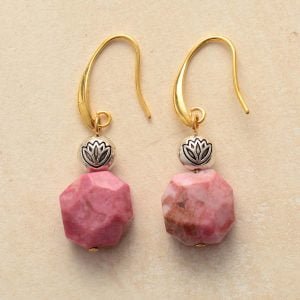 Boucles d'Oreilles Fleur de Lotus en Rhodonite - Boucles d'Oreilles Pierre Naturelle - Yogazen