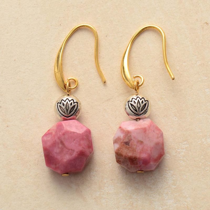 Boucles d'Oreilles Fleur de Lotus en Rhodonite - Boucles d'Oreilles Pierre Naturelle - Yogazen