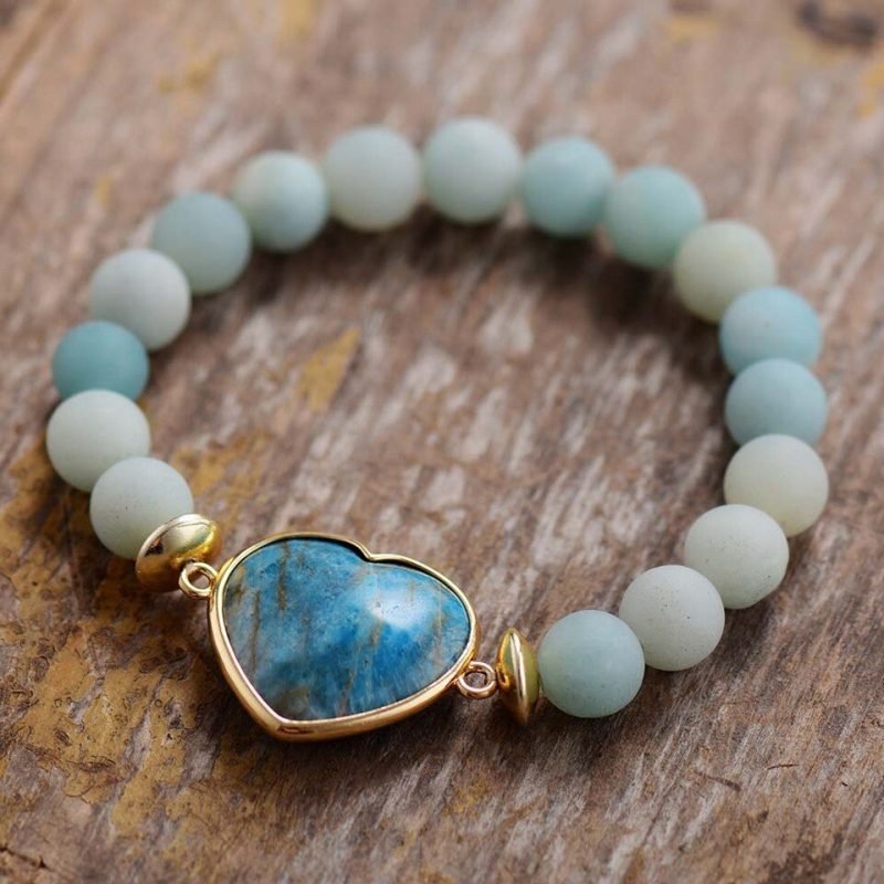 Bracelet Coeur en Apatite Bleue et Perles en Amazonite - Bracelet Pierre Naturelle - Yogazen