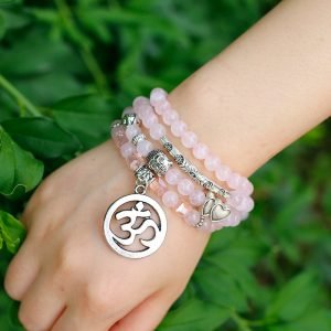 Mala en Quartz Rose - Symboles Bouddhistes - Bracelet Quartz Rose - Yogazen