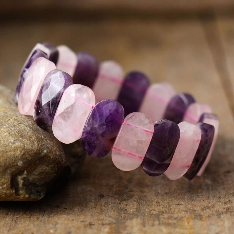 Bracelet Large en Améthyste et Quartz Rose - Bracelet Pierre Naturelle - Yogazen