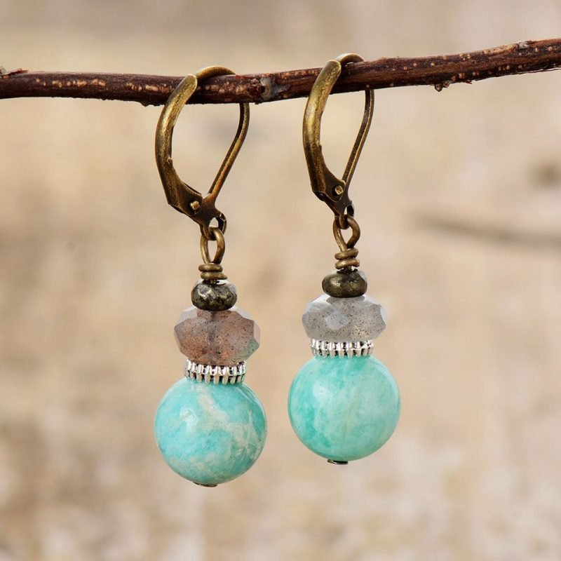 Boucles d'Oreilles en Perles d'Amazonite et Labradorite - Boucles d'Oreilles Pierre Naturelle - Yogazen