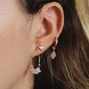 Boucle d'oreille créole pierres cassées Quartz Rose - Bijoux Artisanaux Pierres Naturelles - Yogazen