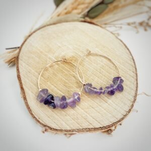 Boucle d'oreille créole pierres cassées Améthyste - Bijoux Artisanaux Pierres Naturelles - Yogazen