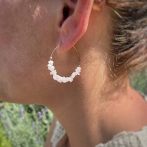Boucle d'oreille créole pierres cassées Quartz Rose - Bijoux Artisanaux Pierres Naturelles - Yogazen