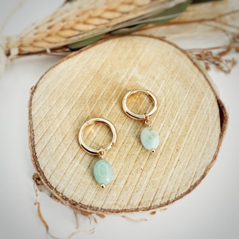 Boucle d'oreille petite créole avec pierre Amazonite - Bijoux Artisanaux Pierres Naturelles - Yogazen