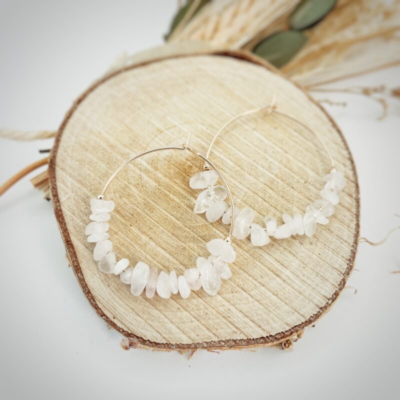 Boucle d'oreille créole pierres cassées Quartz Rose - Bijoux Artisanaux Pierres Naturelles - Yogazen