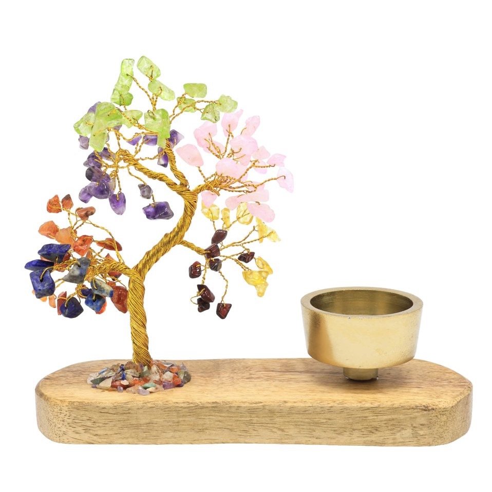Arbre du Bonheur 7 Chakras avec Bougeoir en Bois de Manguier – 17 cm