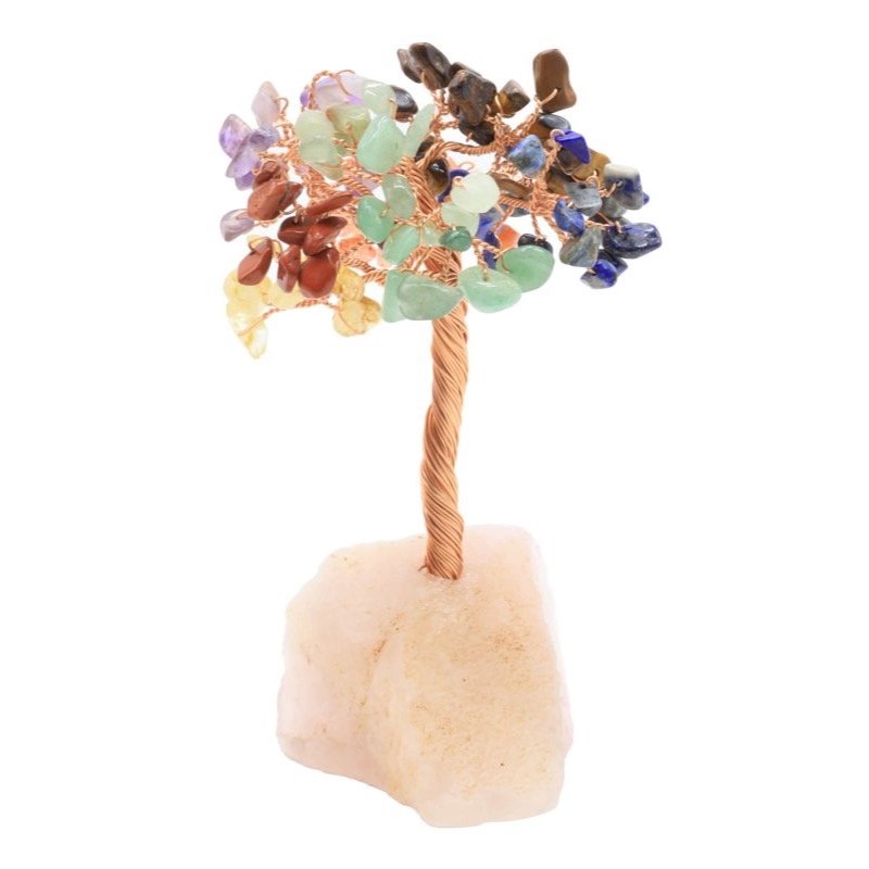 Arbre du Bonheur 7 Chakras sur Base Quartz Rose Brute – 14 cm