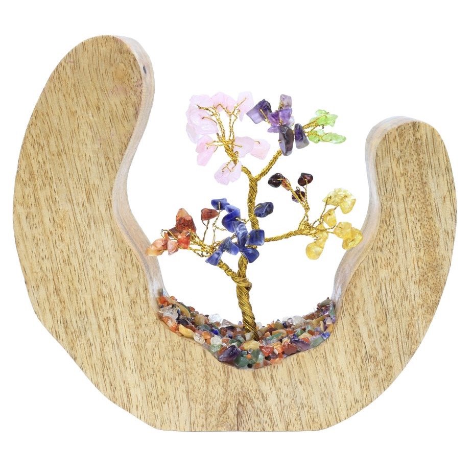 Arbre du Bonheur 7 Chakras sur Décor Bois de Manguier – 17 cm