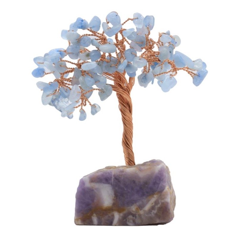 Arbre du Bonheur Aigue Marine sur Base Améthyste Brute – 14 cm