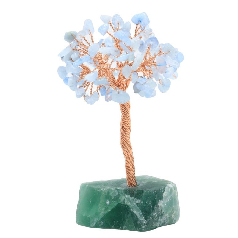 Arbre du Bonheur Aigue Marine sur Base Fluorite Brute – 14 cm