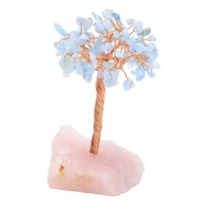 Arbre du Bonheur Aigue Marine sur Base Quartz Rose Brute – 14 cm