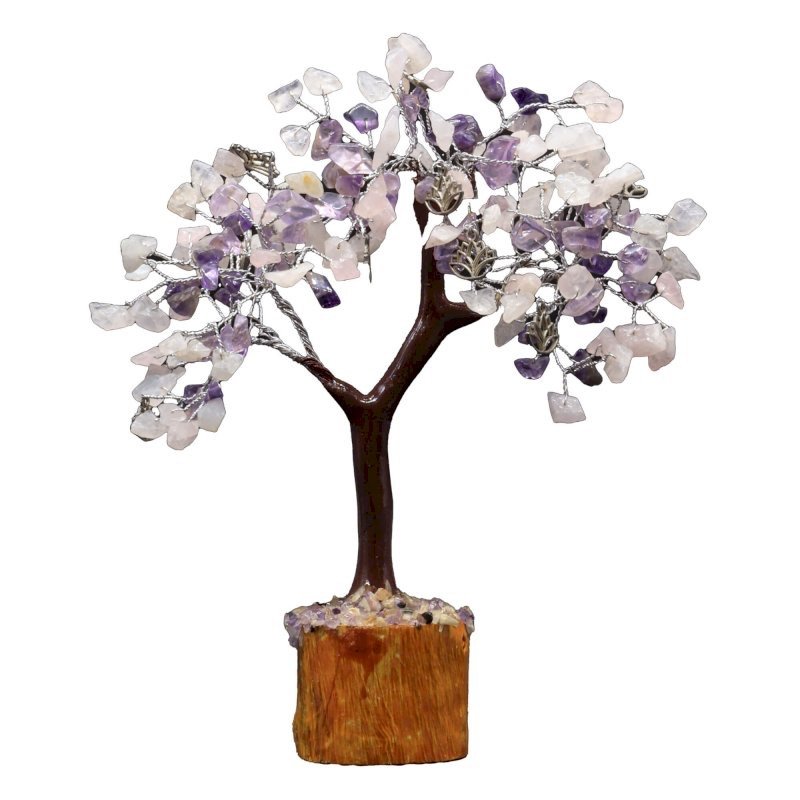 Arbre du Bonheur Améthyste & Quartz Rose Lotus – 160 Pierres Brutes, 15 x 18 cm