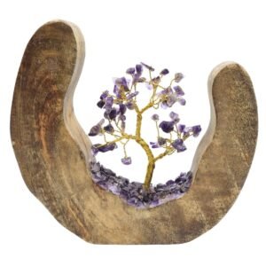 Arbre du Bonheur Améthyste sur Décor Bois de Manguier – 17 cm