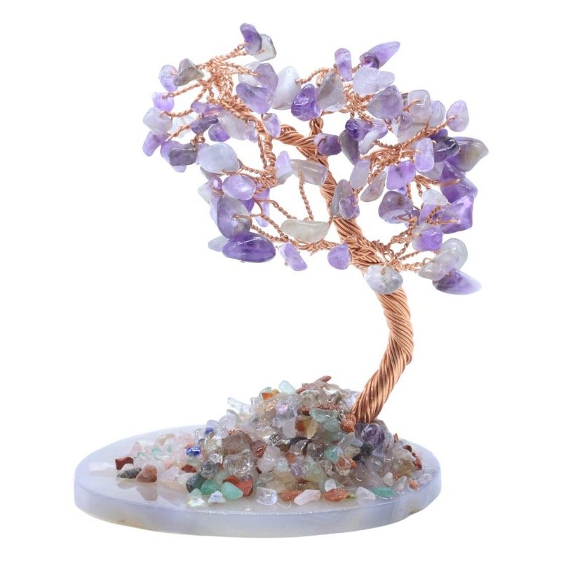 Arbre du Bonheur Améthyste sur Tranche d'Agate – 12 cm