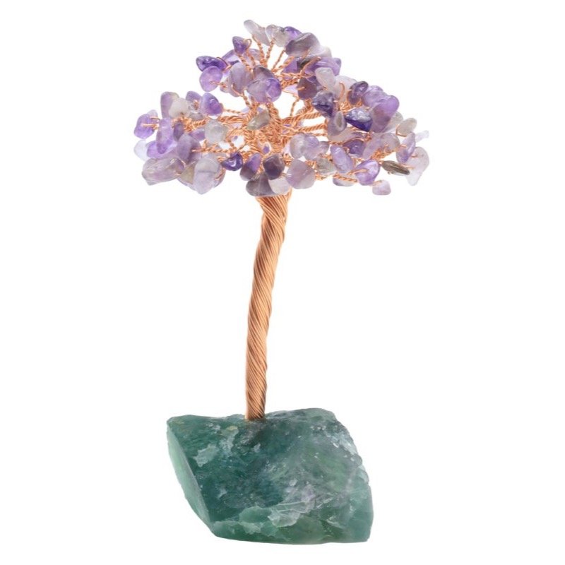 Arbre du Bonheur Améthyste Verte sur Base Fluorite Brute – 14 cm