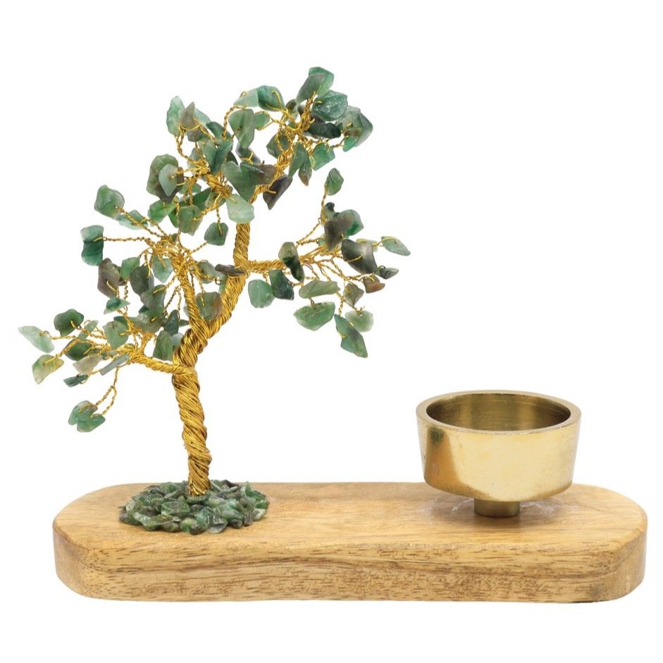 Arbre du Bonheur Aventurine Verte avec Bougeoir en Bois de Manguier – 17 cm