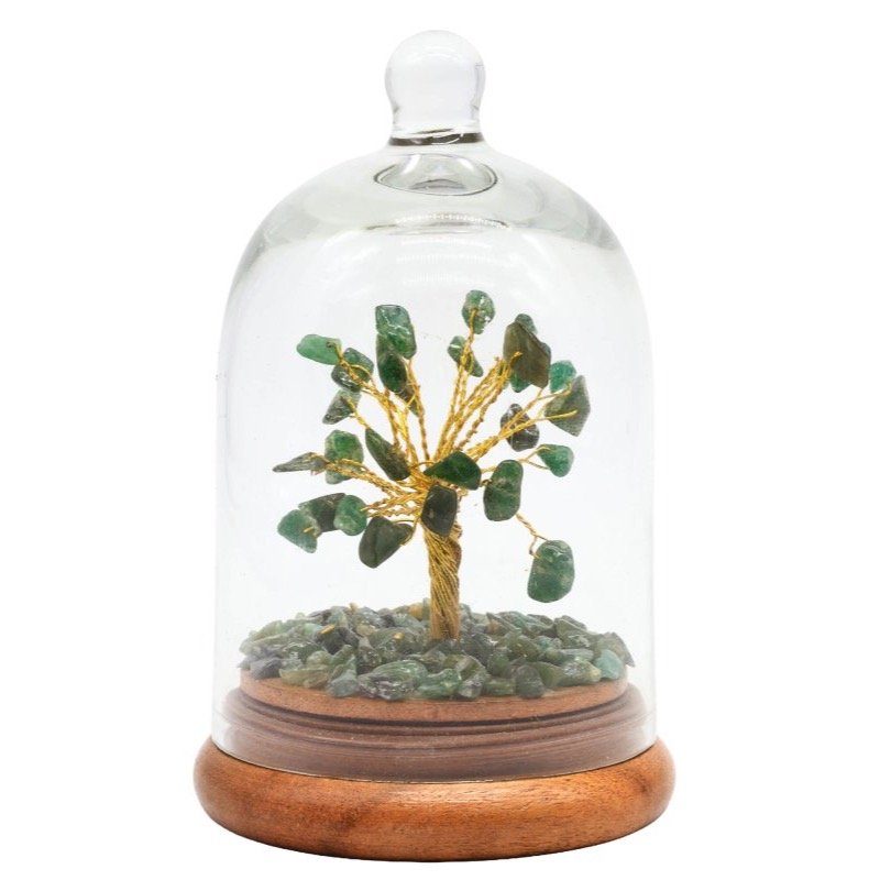Arbre du Bonheur Aventurine Verte sous Cloche en Verre – 13 cm