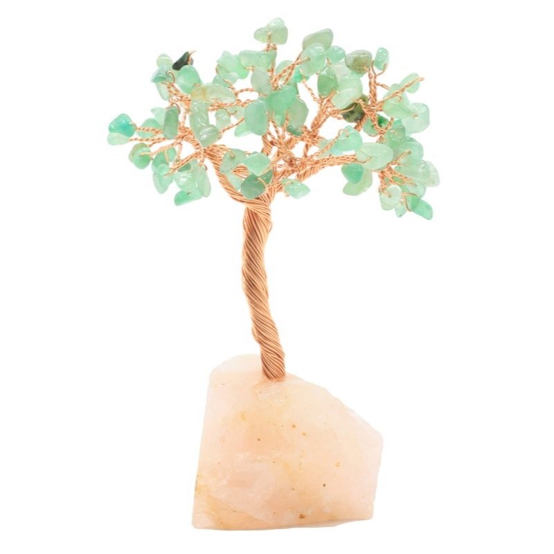 Arbre du Bonheur Aventurine Verte sur Base Quartz Rose Brute – 14 cm
