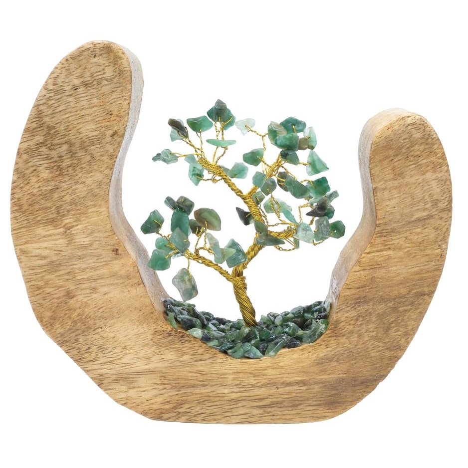 Arbre du Bonheur Aventurine Verte sur Décor Bois de Manguier – 17 cm