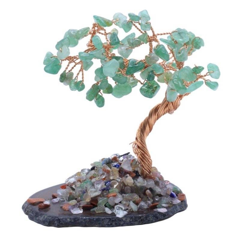 Arbre du Bonheur Aventurine Verte sur Tranche d'Agate – 12 cm