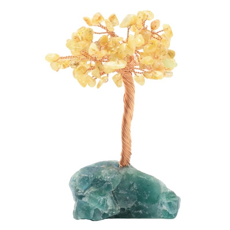 Arbre du Bonheur Citrine sur Base Fluorite Brute – 14 cm