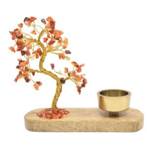 Arbre du Bonheur Cornaline avec Bougeoir en Bois de Manguier – 17 cm