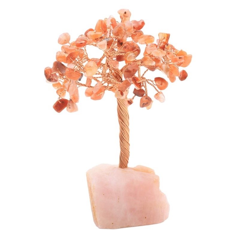 Arbre du Bonheur Cornaline sur Base Quartz Rose Brute – 14 cm