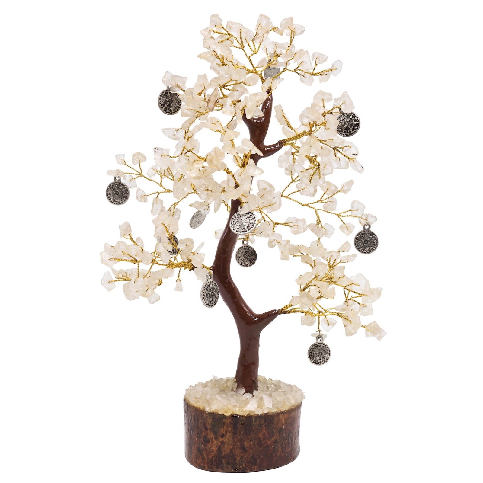 Arbre du Bonheur Cristal de Roche et Boussole Sacrée – 300 Pierres, 23 cm