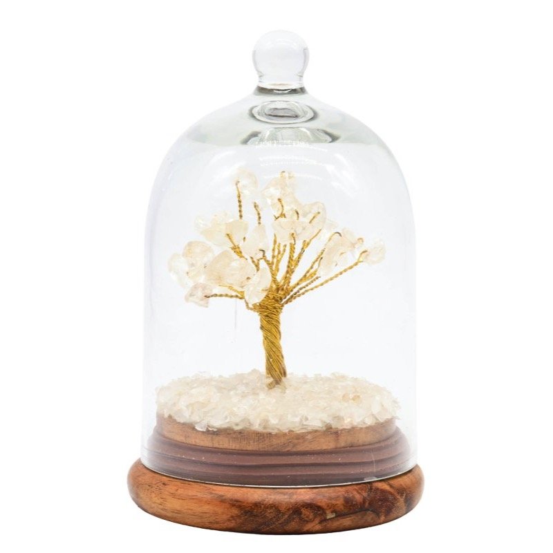 Arbre du Bonheur Cristal de Roche sous Cloche en Verre – 13 cm