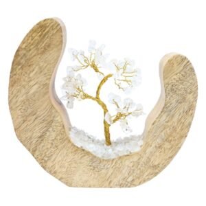 Arbre du Bonheur Cristal de Roche sur Décor Bois de Manguier – 17 cm