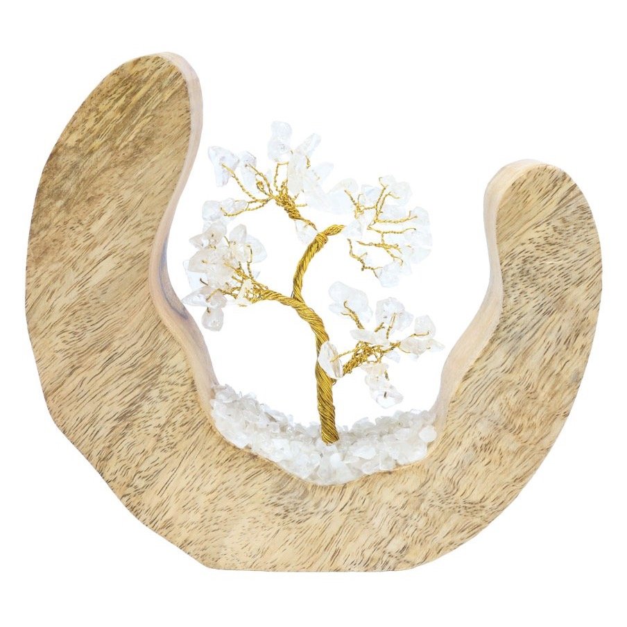 Arbre du Bonheur Cristal de Roche sur Décor Bois de Manguier – 17 cm