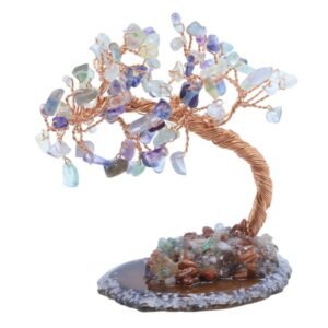 Arbre du Bonheur Fluorite sur Tranche d'Agate – 12 cm