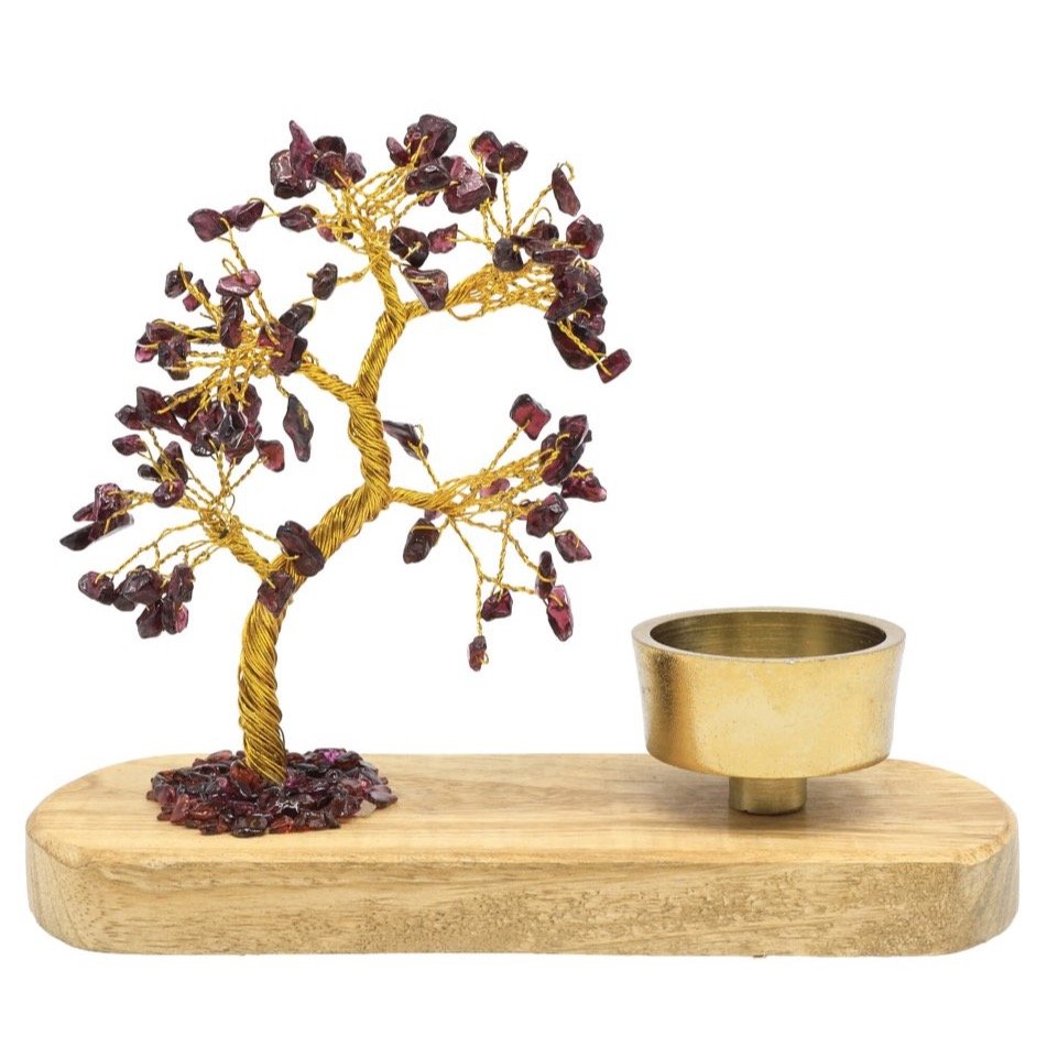 Arbre du Bonheur Grenat avec Bougeoir en Bois de Manguier – 17 cm