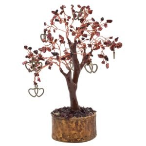 Arbre du Bonheur Grenat et Double Coeur – 160 Pierres, 18 cm