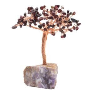 Arbre du Bonheur Grenat sur Base Améthyste Brute – 14 cm