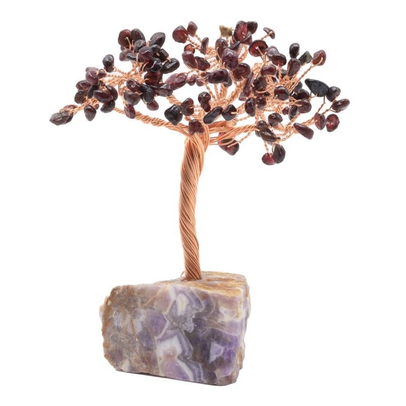Arbre du Bonheur Grenat sur Base Améthyste Brute – 14 cm