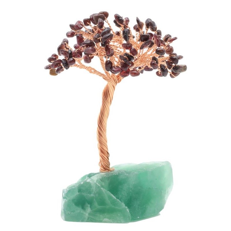 Arbre du Bonheur Grenat sur Base Fluorite Brute – 14 cm