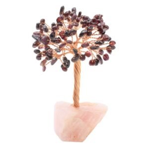 Arbre du Bonheur Grenat sur Base Quartz Rose Brute – 14 cm