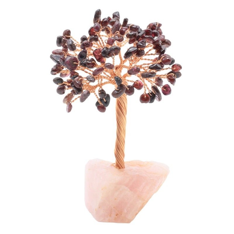 Arbre du Bonheur Grenat sur Base Quartz Rose Brute – 14 cm