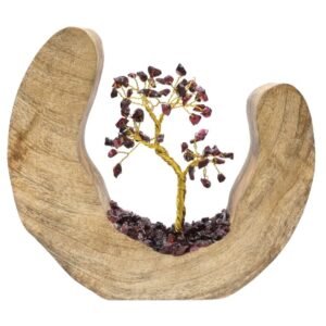 Arbre du Bonheur Grenat sur Décor Bois de Manguier – 17 cm