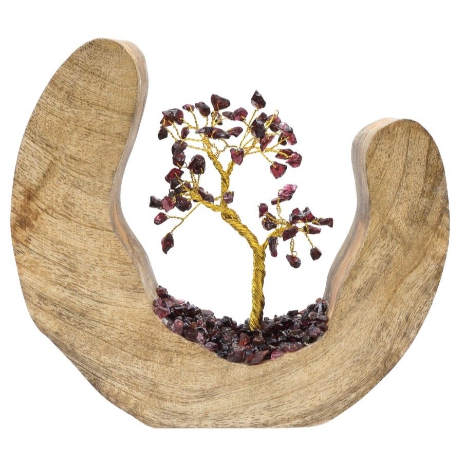 Arbre du Bonheur Grenat sur Décor Bois de Manguier – 17 cm