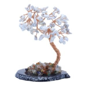 Arbre du Bonheur Howlite sur Tranche d'Agate – 12 cm