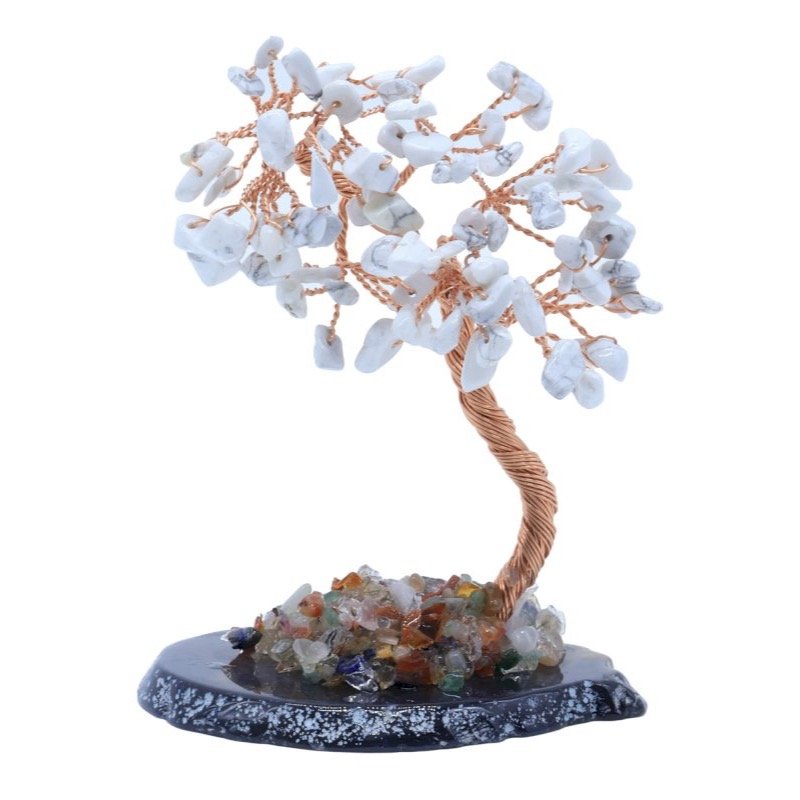 Arbre du Bonheur Howlite sur Tranche d'Agate – 12 cm