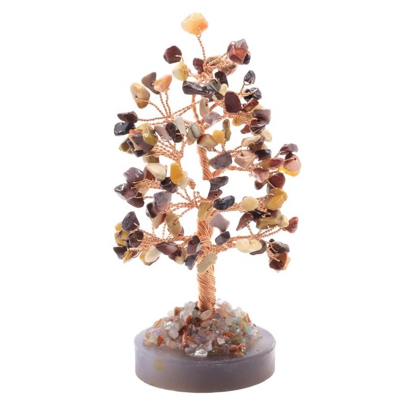 Arbre du Bonheur Jaspe Mokaïte sur Agate Polie – 14 cm