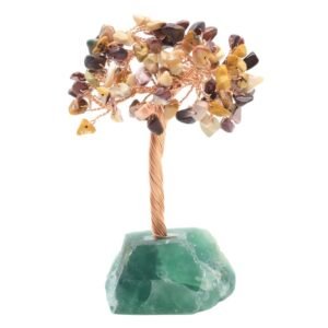 Arbre du Bonheur Jaspe Mokaïte sur Base Fluorite Brute – 14 cm