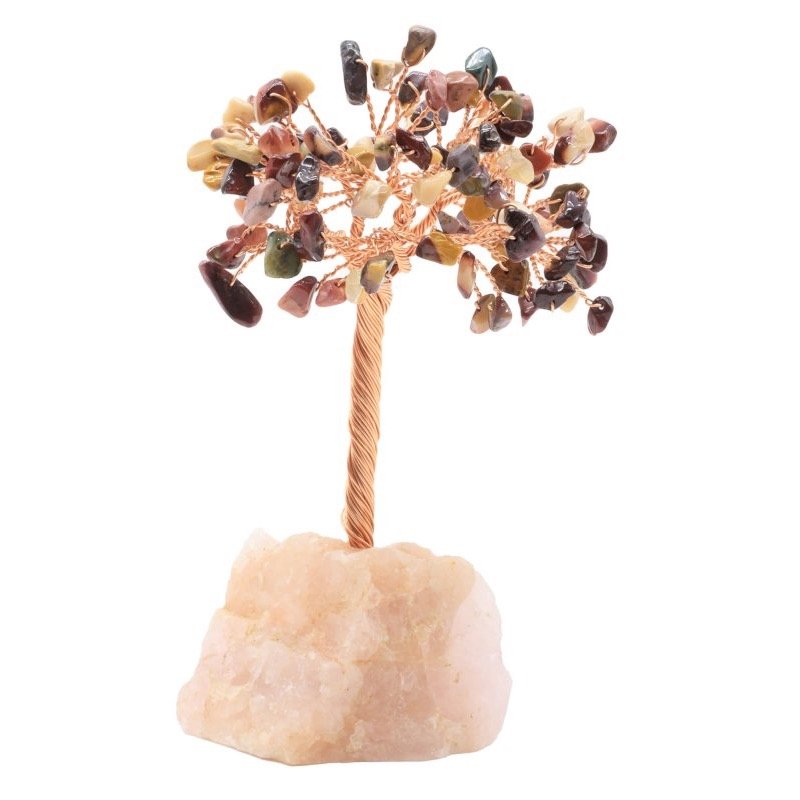 Arbre du Bonheur Jaspe Mokaïte sur Base Quartz Rose Brute – 14 cm